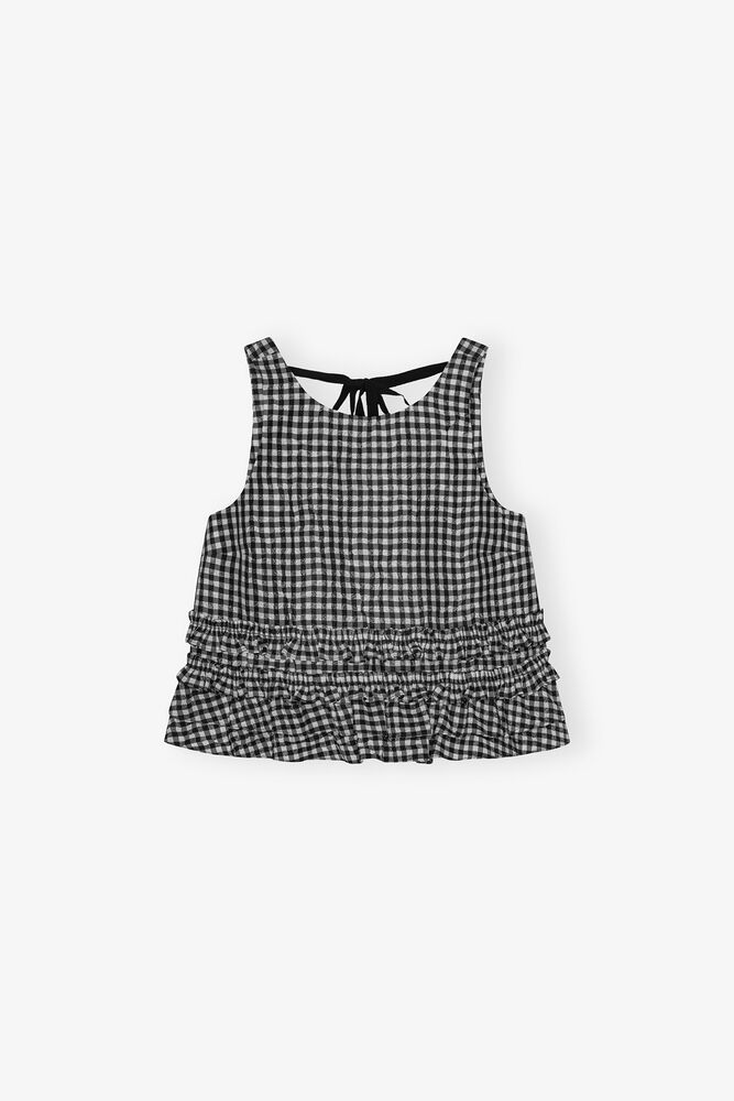 Crinkled Check Frill Top, Black