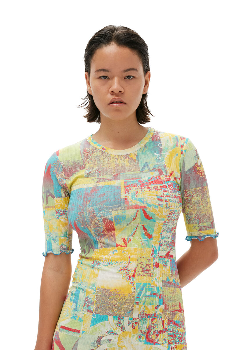 Multicolour Printed Rib Jersey Maxi Dress | GANNI UK
