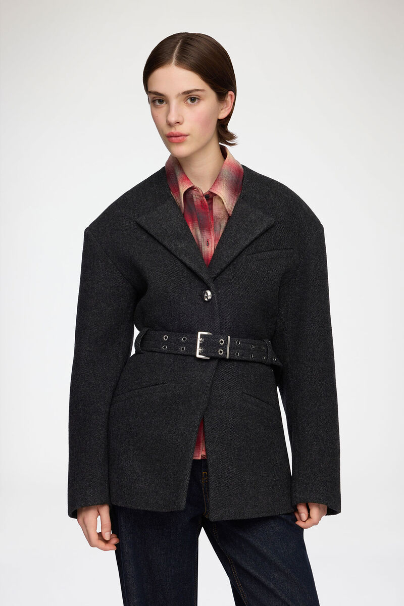Jacket in Grey Wool, Wool, in colour Phantom - 1 - GANNI
