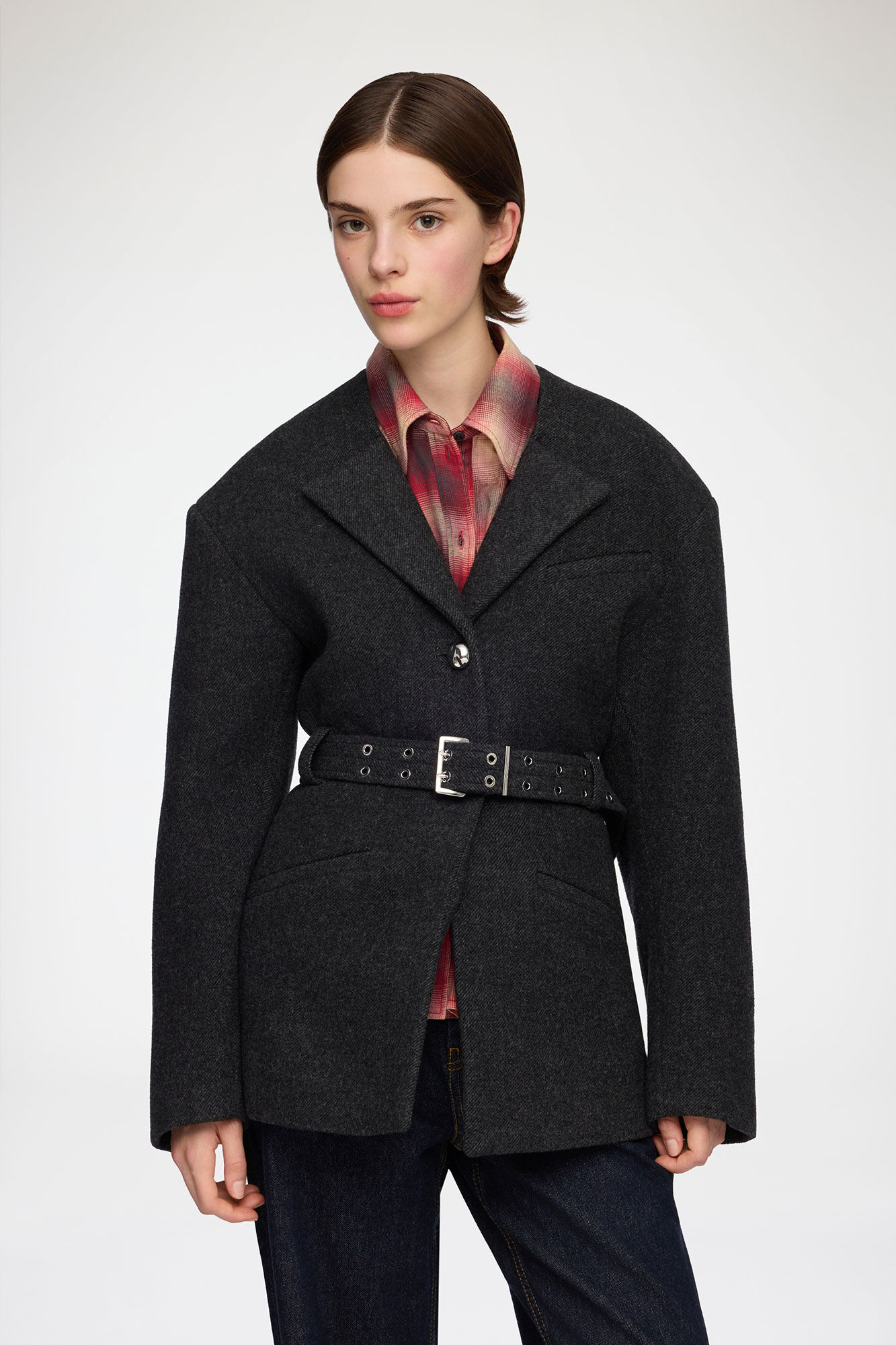 Jacket in Grey Wool, Wool, in colour Phantom - 1 - GANNI
