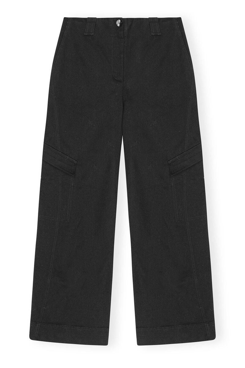 Black Herringbone Canvas Mid Waist-bukse, Elastane, in colour Black - 1 - GANNI
