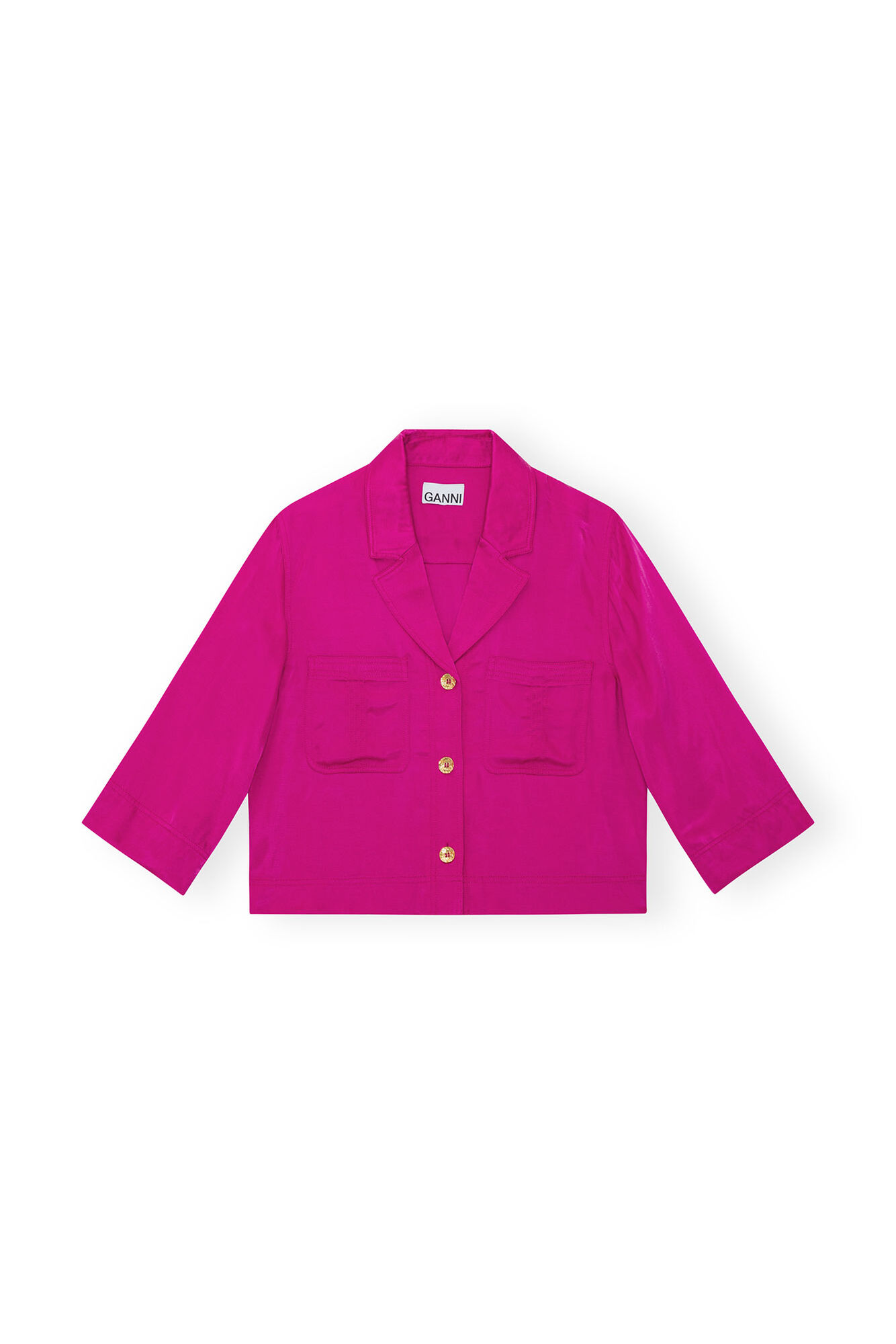 Croppad skjorta i tvättad satin, Cupro, in colour Fuchsia Red - 1 - GANNI