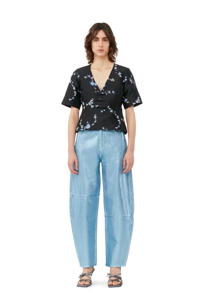 Black/Blue 3D Jacquard V-neck Blouse, Black