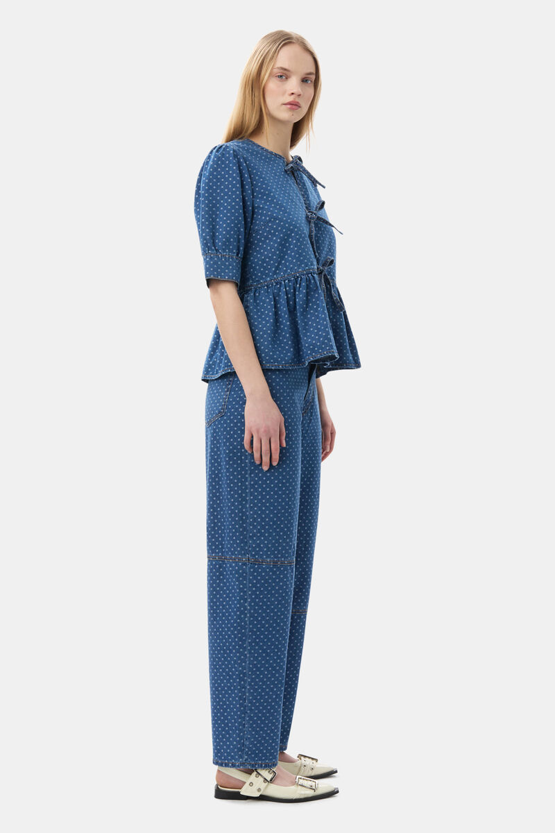 Blue Polka Dot Denim Peplum Blouse, Cotton, in colour Mid Blue Stone - 3 - GANNI