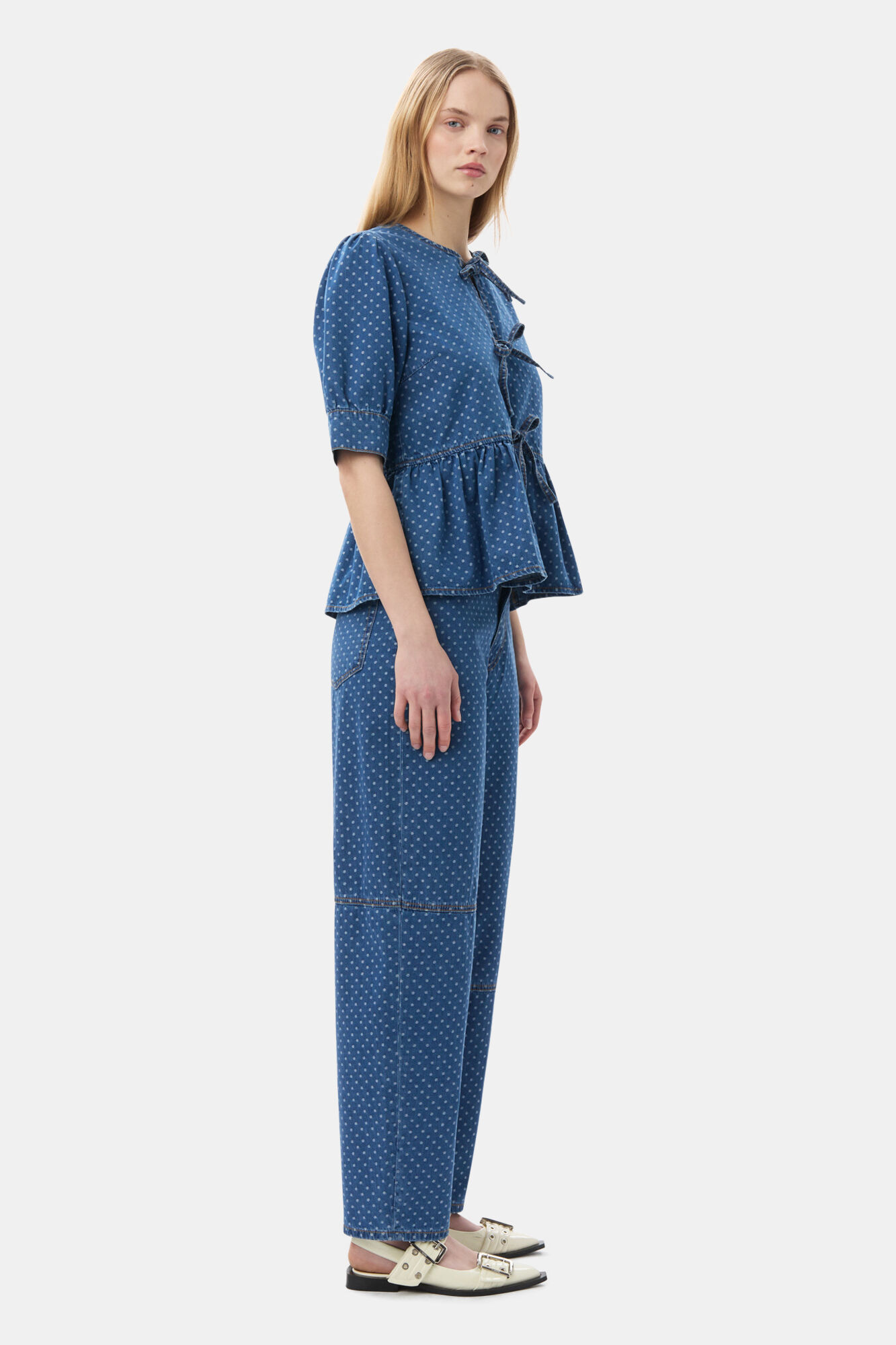 Blue Polka Dot Denim Peplum Blouse, Cotton, in colour Mid Blue Stone - 3 - GANNI
