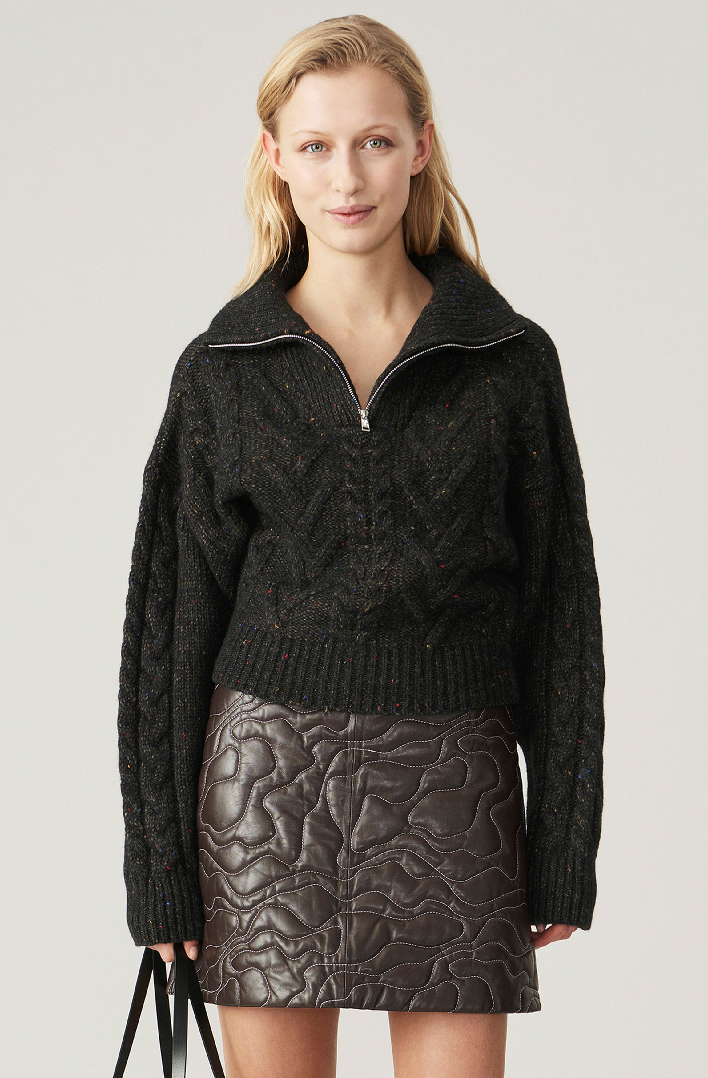 Ganni Cable Knit Zipper Blouse Black 