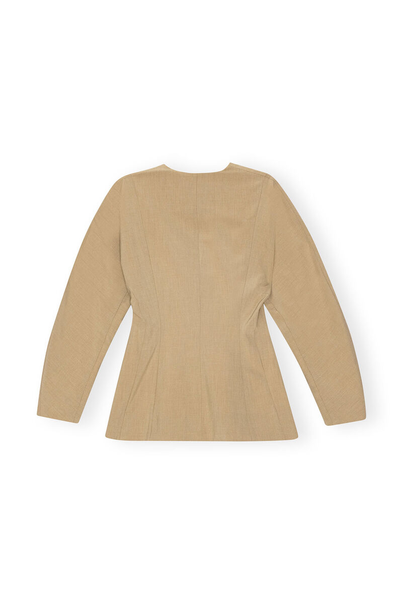 Beige Fitted Drapey Melange-blazer, Elastane, in colour Safari - 2 - GANNI