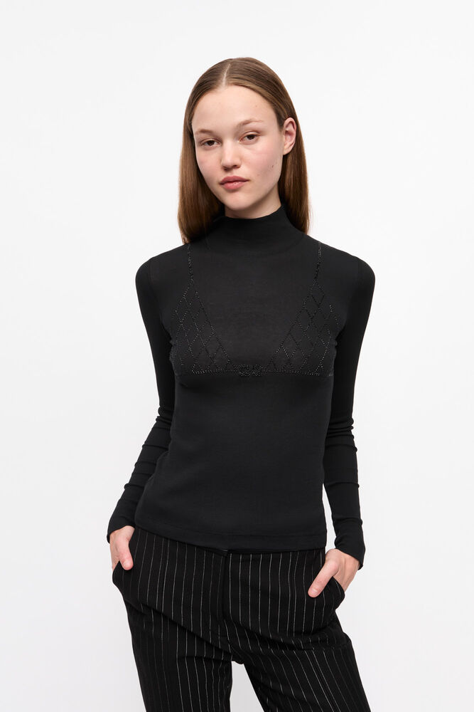 Black Soft Cotton Rib Rhinestone Top, Black