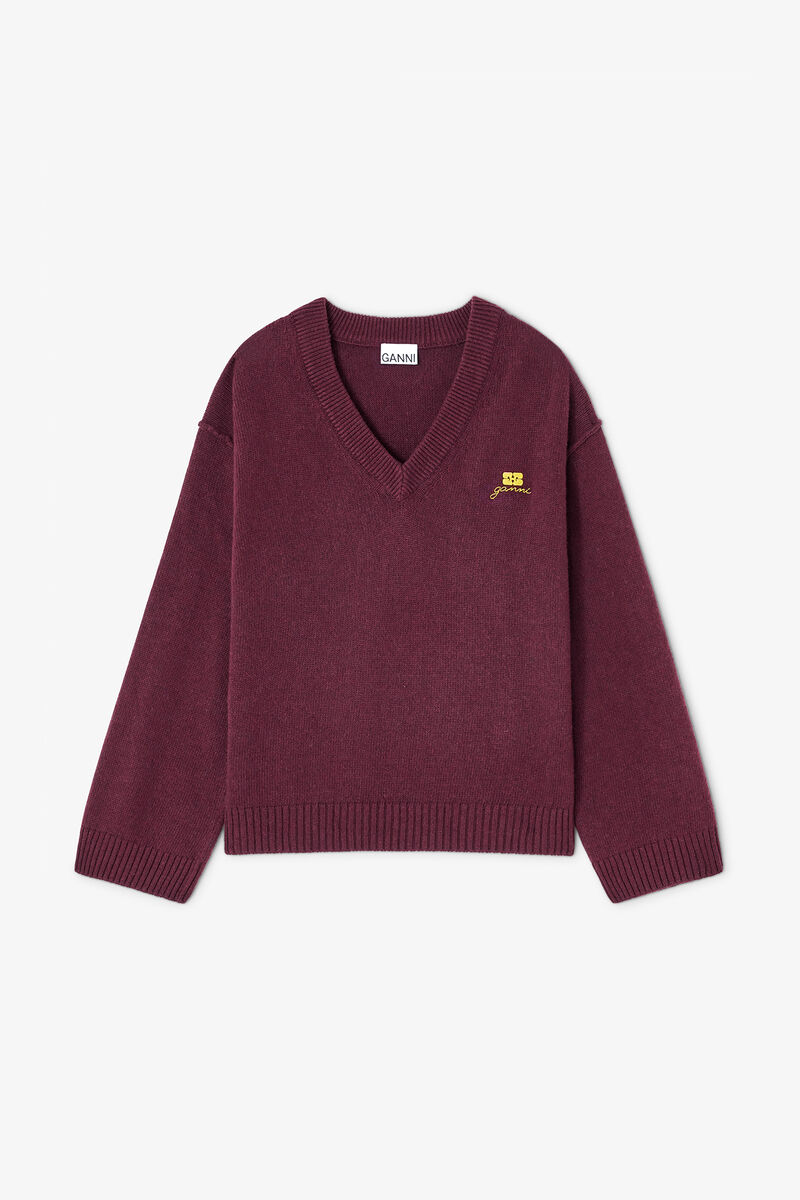 Burgundy Wool Mix V-neck Jumper, Wool, in colour Burgundy - 1 - GANNI