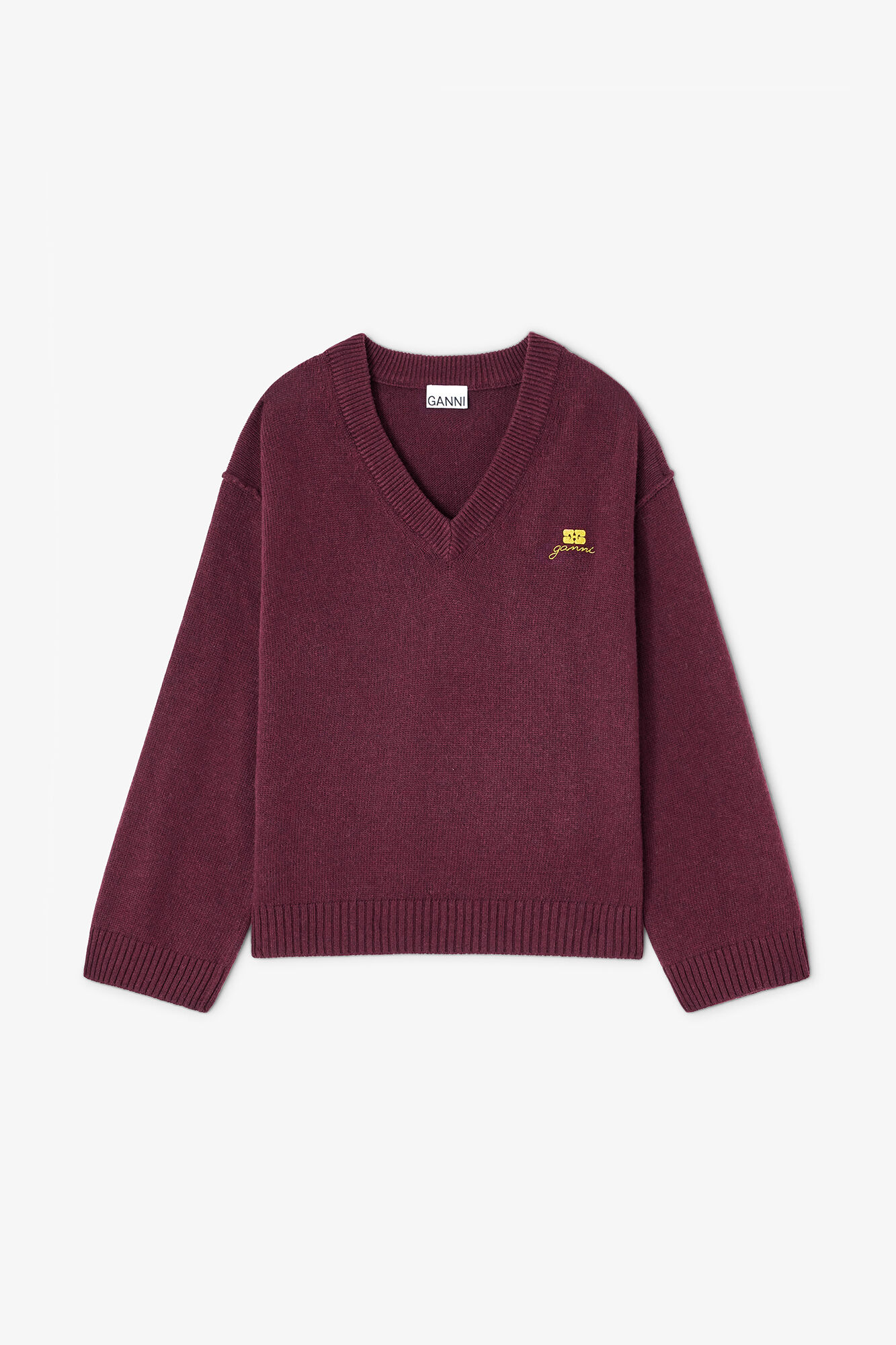 Burgundy Wool Mix V-neck Jumper, Wool, in colour Burgundy - 1 - GANNI