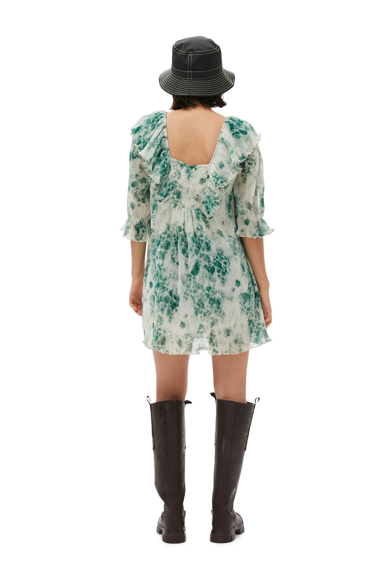 Pleated Georgette Ruffle Mini Dress, Recycled Polyester, in colour Egret - 2 - GANNI