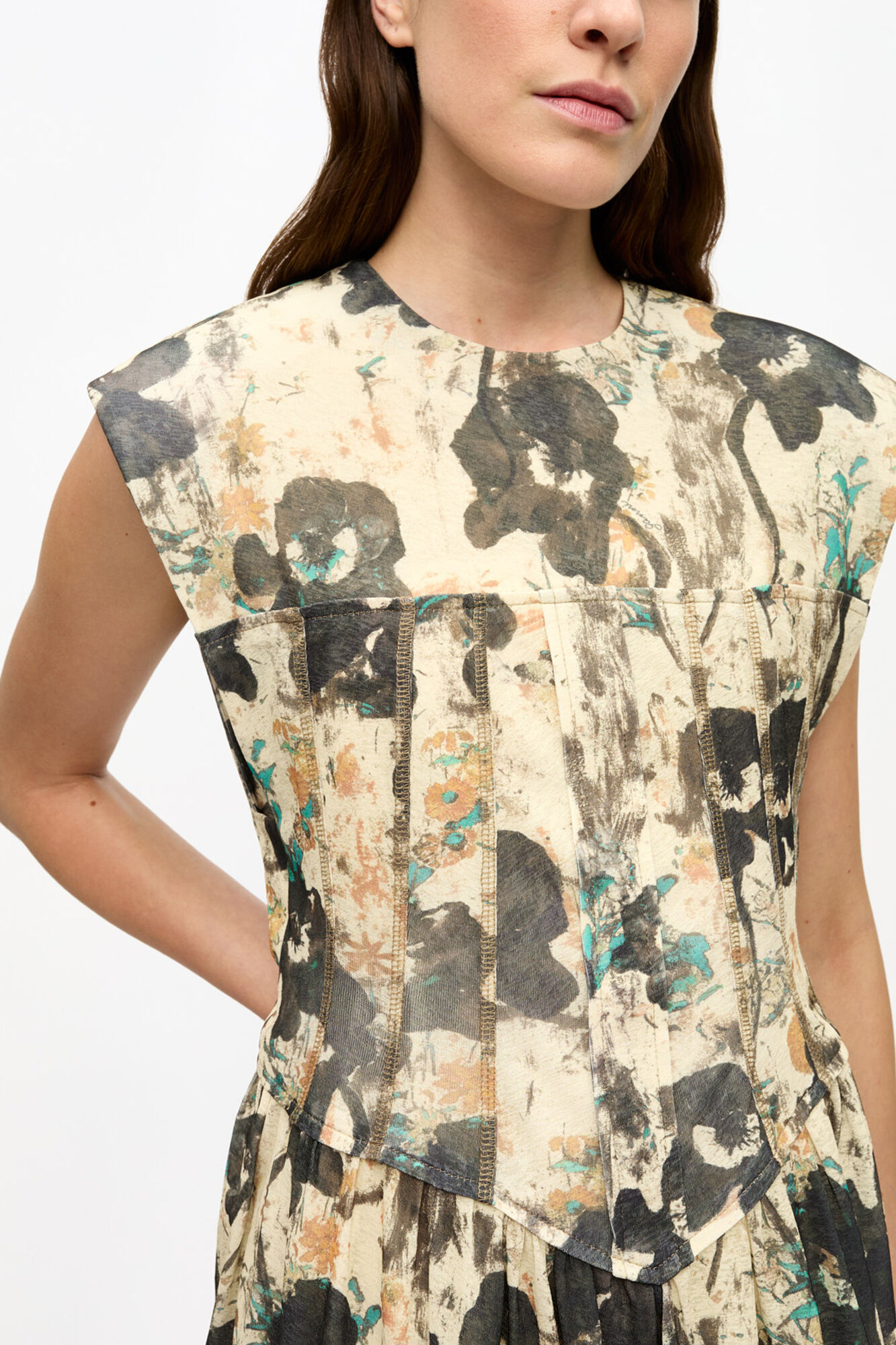 Printed Marl Mesh Corset Mini Dress, Recycled Polyester, in colour Afterglow - 3 - GANNI