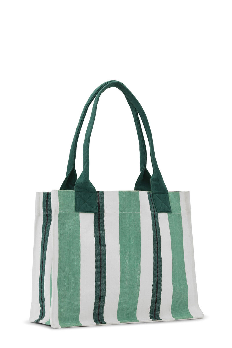 Green Large Striped Canvas Tote väska, Recycled Cotton, in colour Juniper - 2 - GANNI