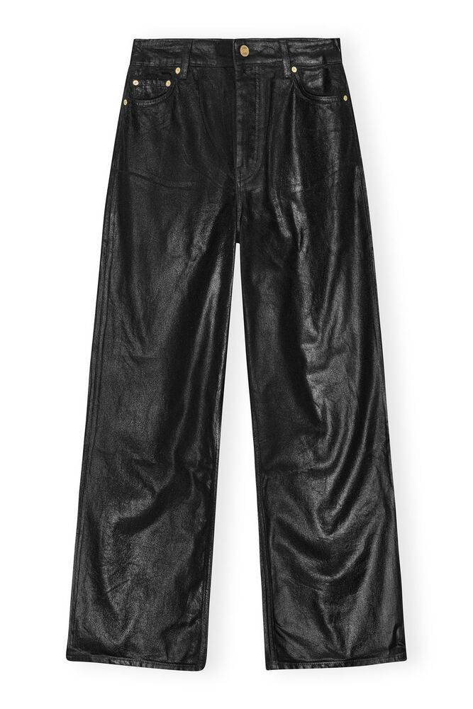 Black Foil Denim Wide Jeans, Black