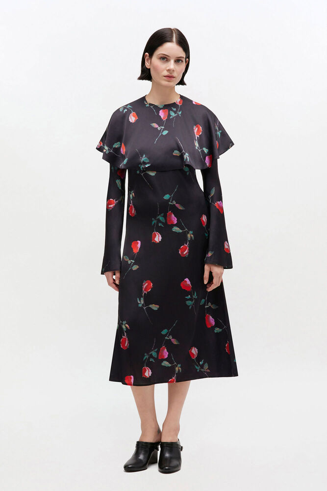 Printed Circle Collar Midi Dress, Black