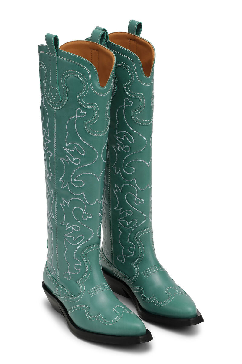 Green Knee High Embroidered Western Boots, Calf Leather, in colour Bottle Green - 3 - GANNI