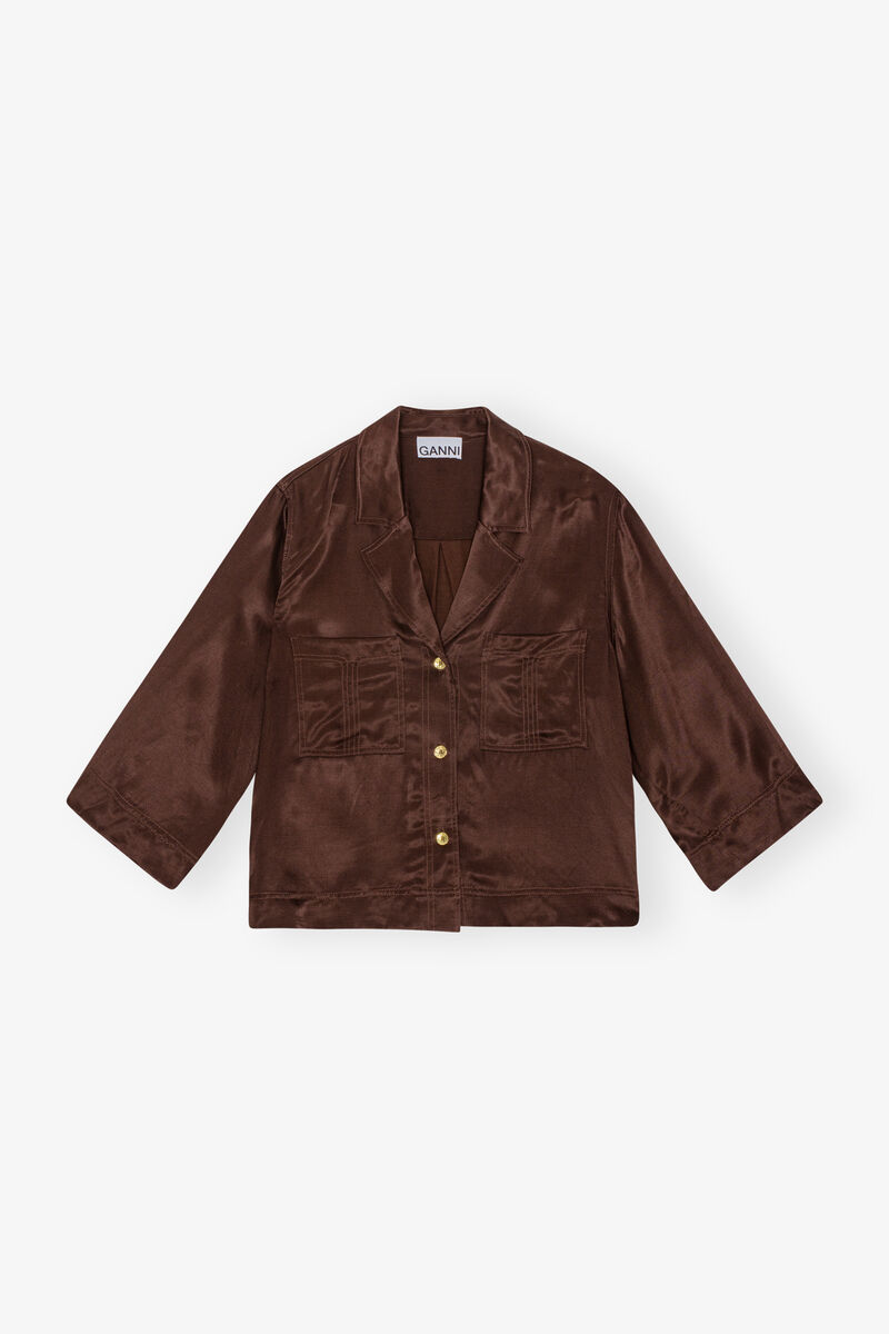 Mole Brown Washed Satin Crop Shirt | GANNI UK