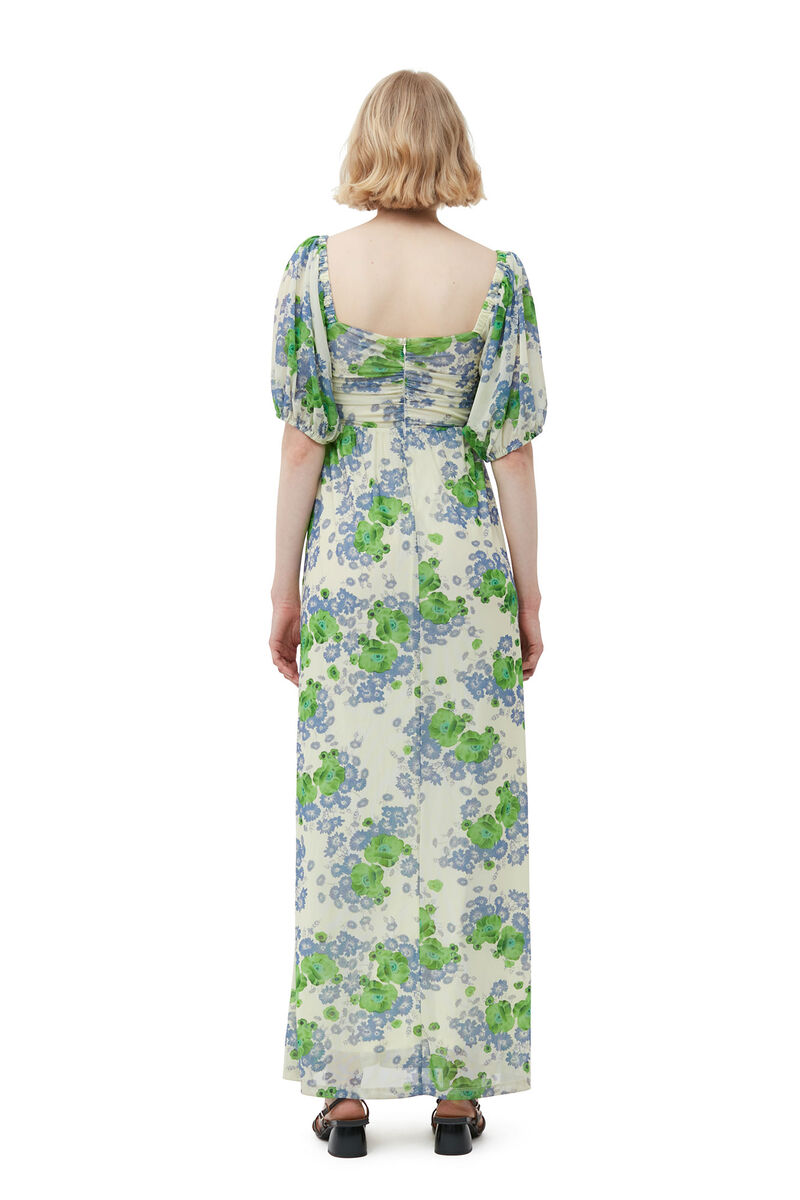 Printed Mesh Puff Sleeves Long Dress, Recycled Nylon, in colour Egret - 2 - GANNI