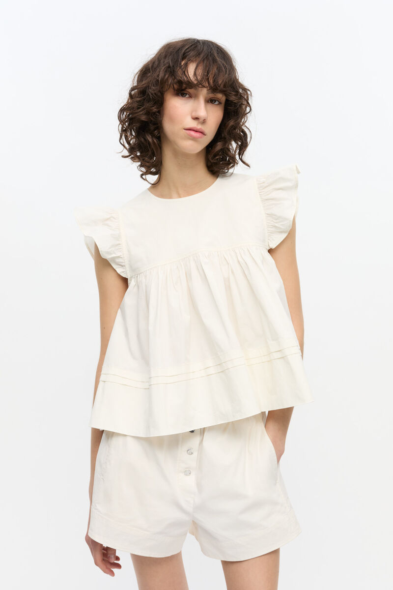 White Stretch Cotton Frill Sleeve Top, Elastane, in colour Egret - 1 - GANNI
