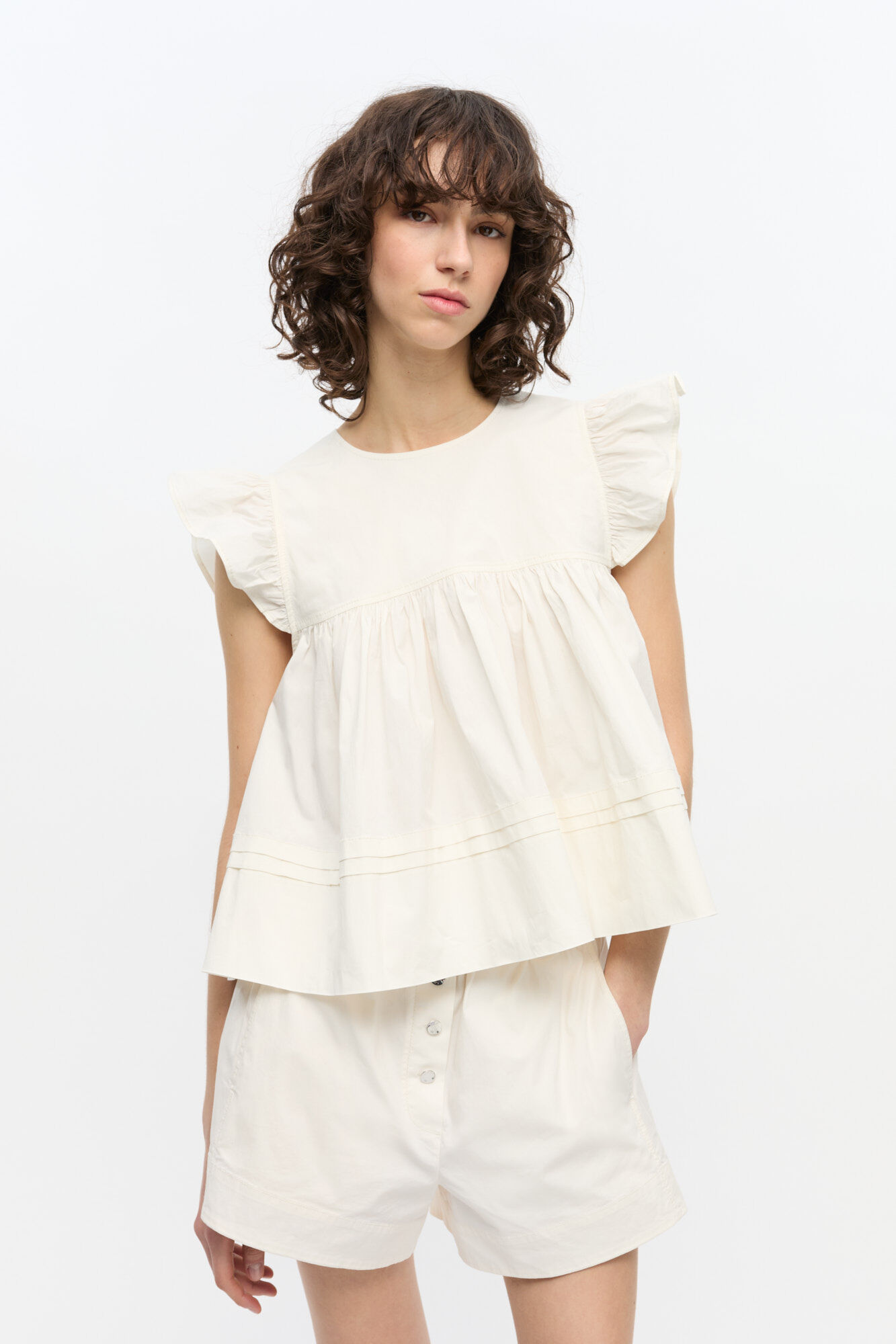 White Stretch Cotton Frill Sleeve Top, Elastane, in colour Egret - 1 - GANNI