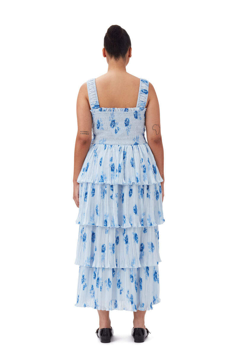 Heather Blue Pleated Georgette Flounce Smock Dress | GANNI NL 
