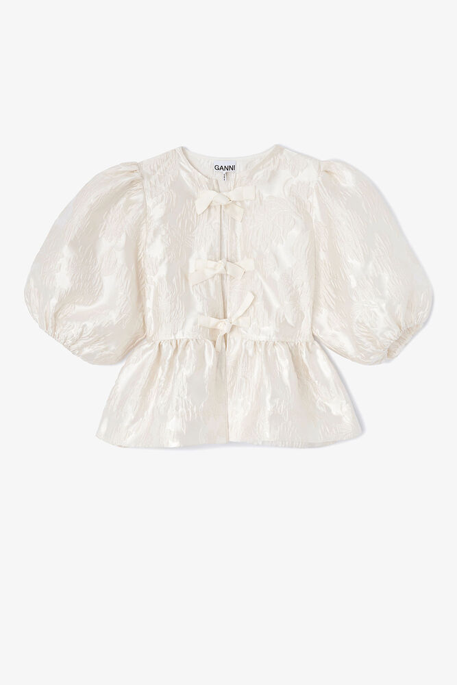 Satin Peplum Tie Blouse, Egret