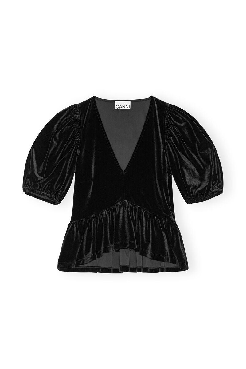 Black Velvet Jersey V-neck blus, Recycled Polyester, in colour Black - 1 - GANNI