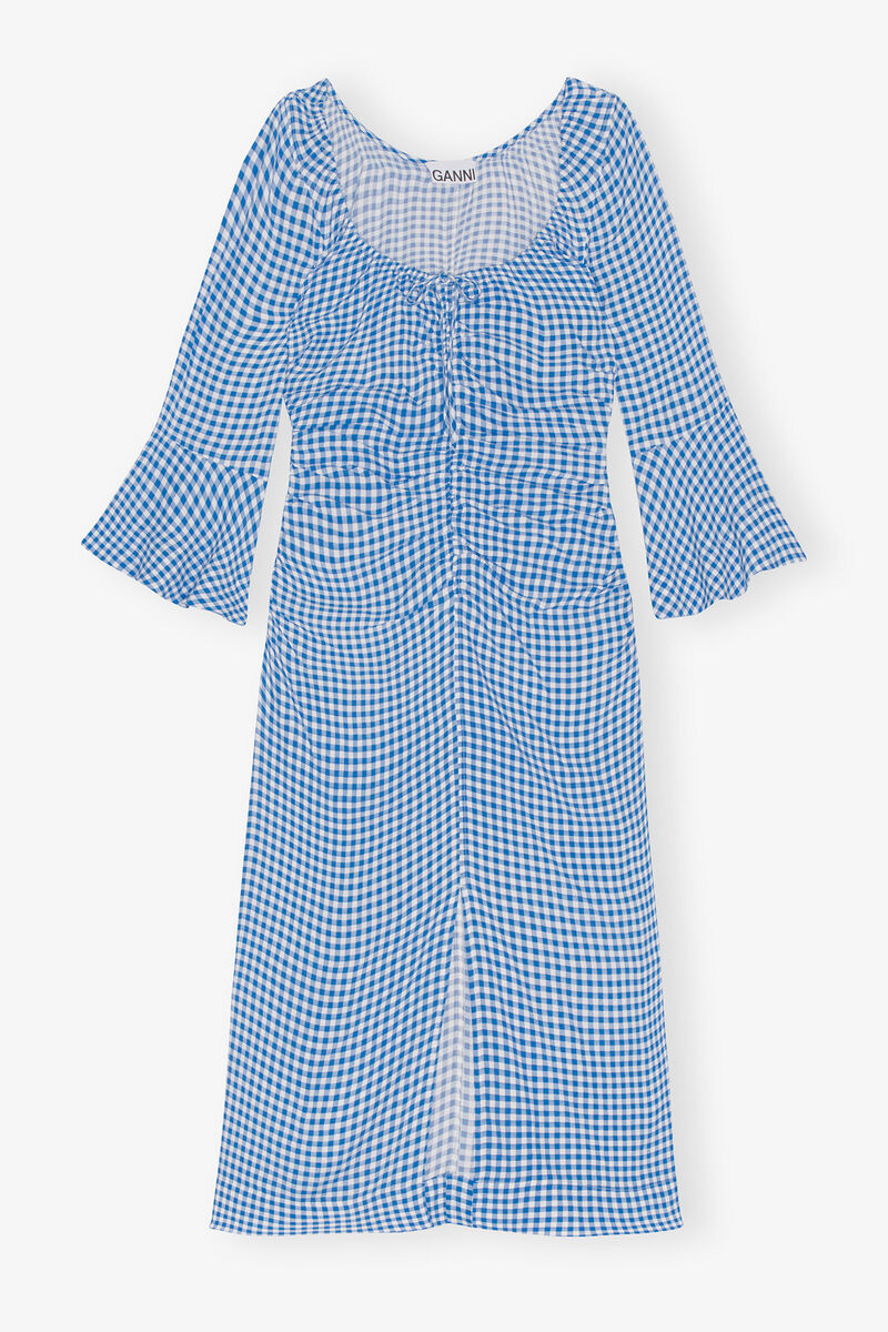 Printed Crepe Gathered U-neck Midi Dress, Viscose, in colour Strong Blue - 1 - GANNI
