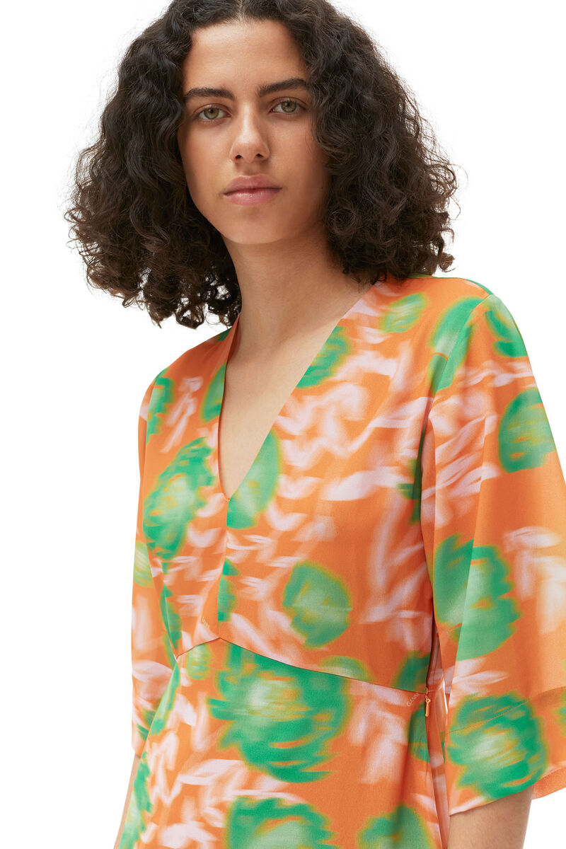 Printed Crepe V-neck Dress, Recycled Polyester, in colour Vibrant Orange - 7 - GANNI