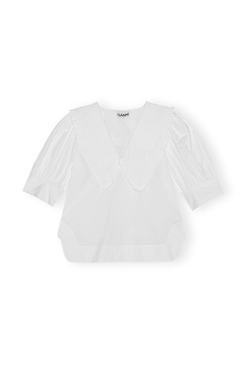 White Cotton Poplin V-neck Ruffle Blouse, Organic Cotton, in colour Bright White - 1 - GANNI