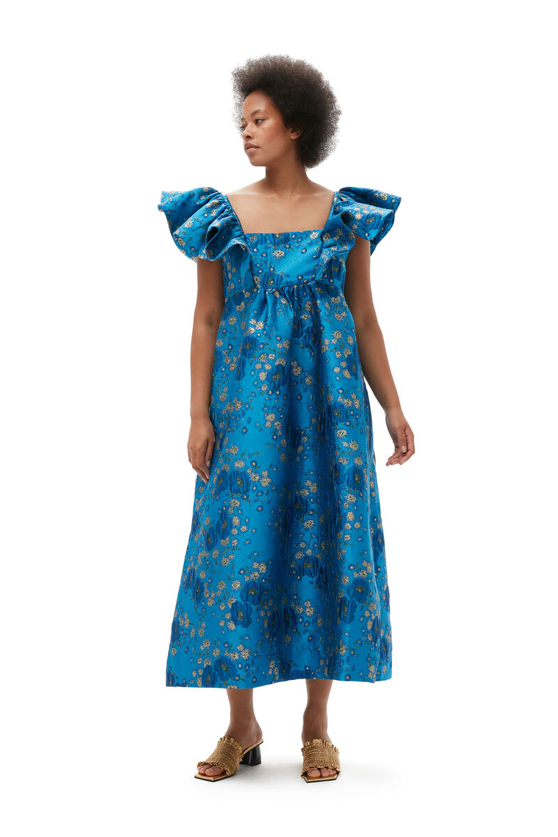 3D Jacquard Ruffle Midi Dress, Elastane, in colour Brilliant Blue - 5 - GANNI