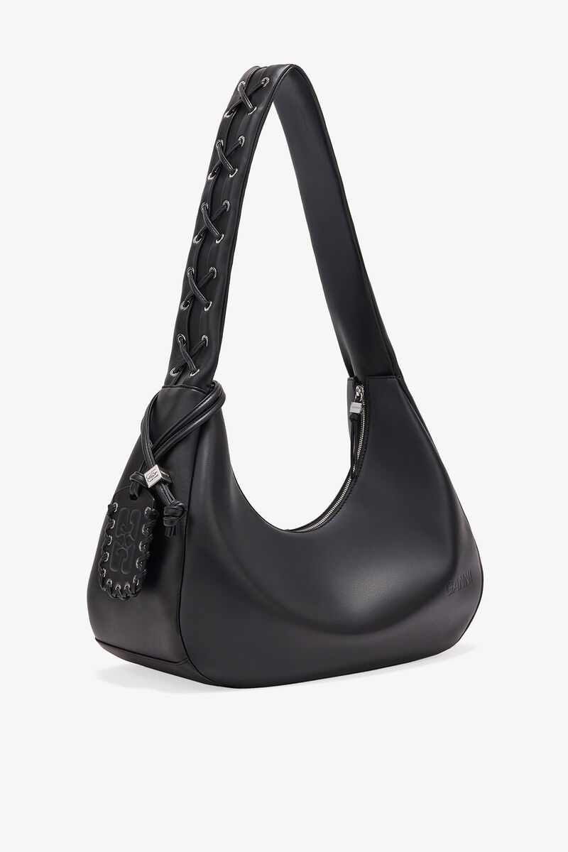 Black Medium Laces Hobo Bag, Recycled Leather, in colour Black - 2 - GANNI