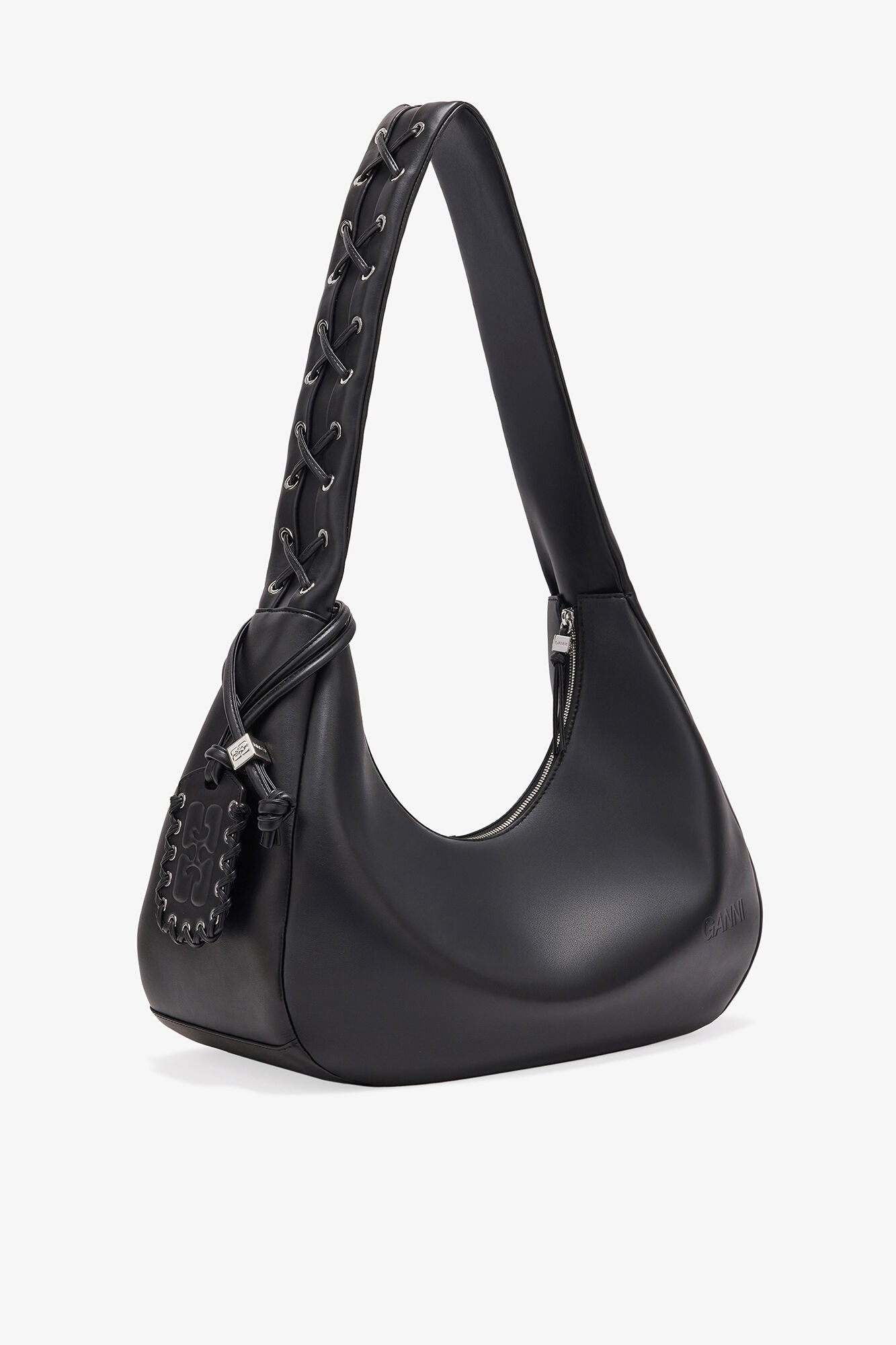 Black Medium Laces Hobo Bag, Recycled Leather, in colour Black - 2 - GANNI