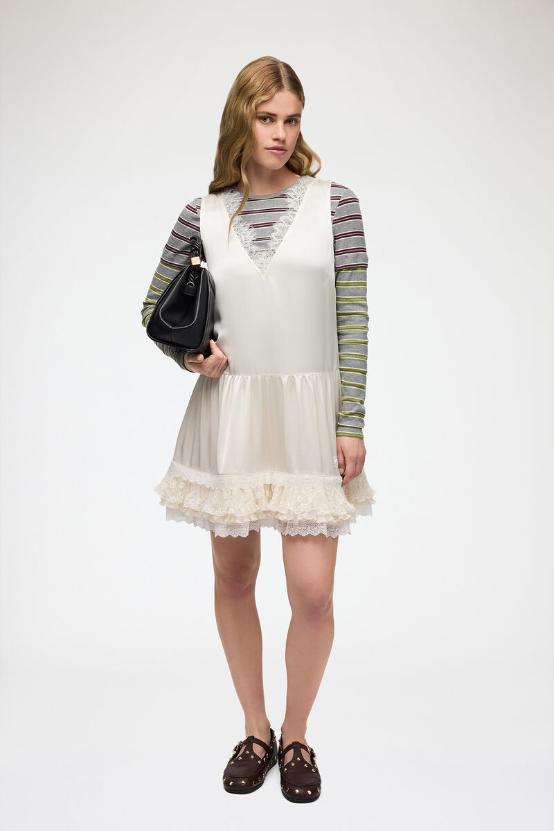 Dress in Lace Satin, Acetate, in colour Egret - 1 - GANNI