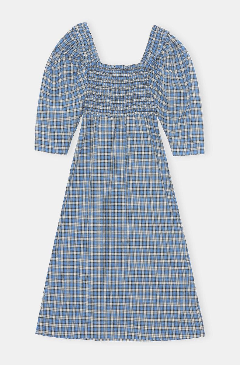 Seersucker Shirred Midi Dress, Cotton, in colour Check Azure Blue - 2 - GANNI