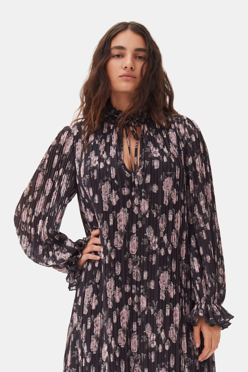 Phantom Floral Printed Pleated Georgette Midi Dress | GANNI US