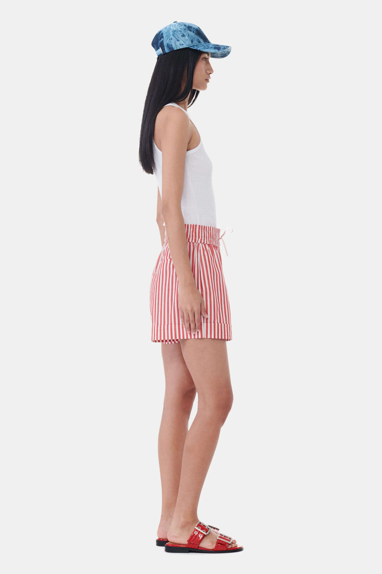 Red Stripe Cotton Shorts, Cotton, in colour Barbados Cherry - 2 - GANNI