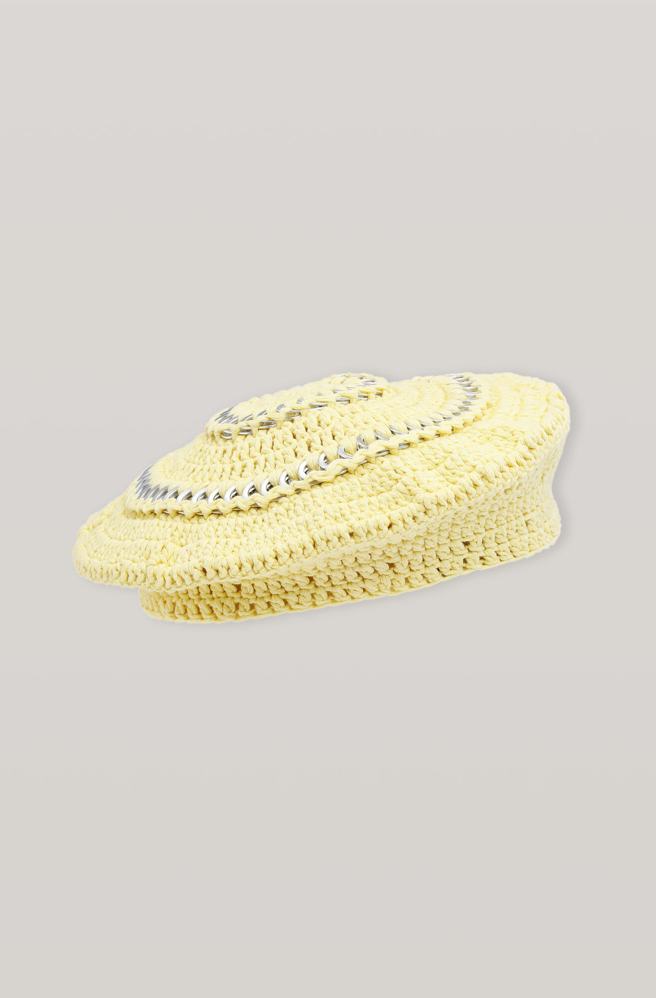 Crochet Disc-Embellished Beret, in colour Pale Banana - 1 - GANNI