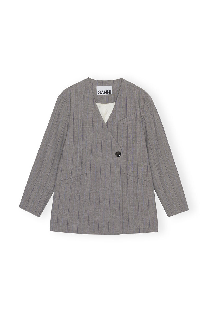 Grey Herringbone Suiting Blazer, Elastane, in colour Frost Gray - 1 - GANNI