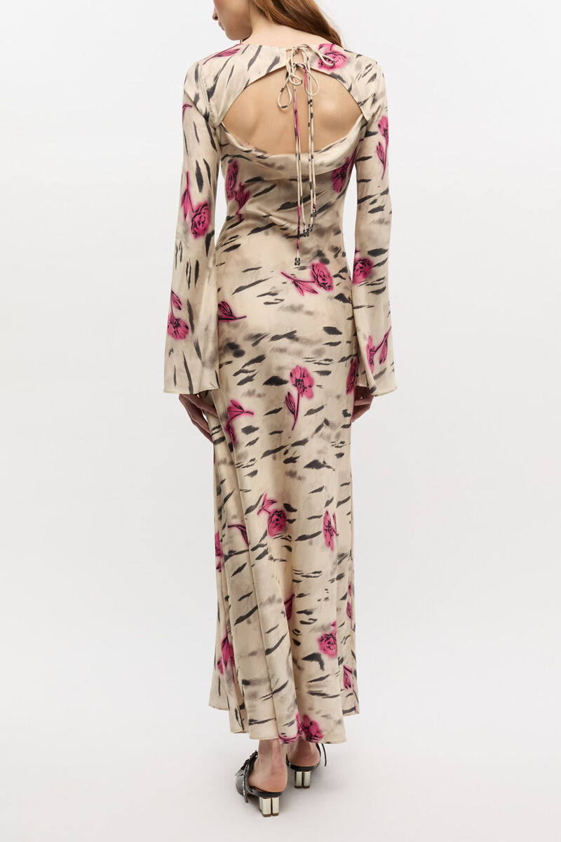 Floral Satin Maxi Dress, Viscose, in colour Egret - 2 - GANNI