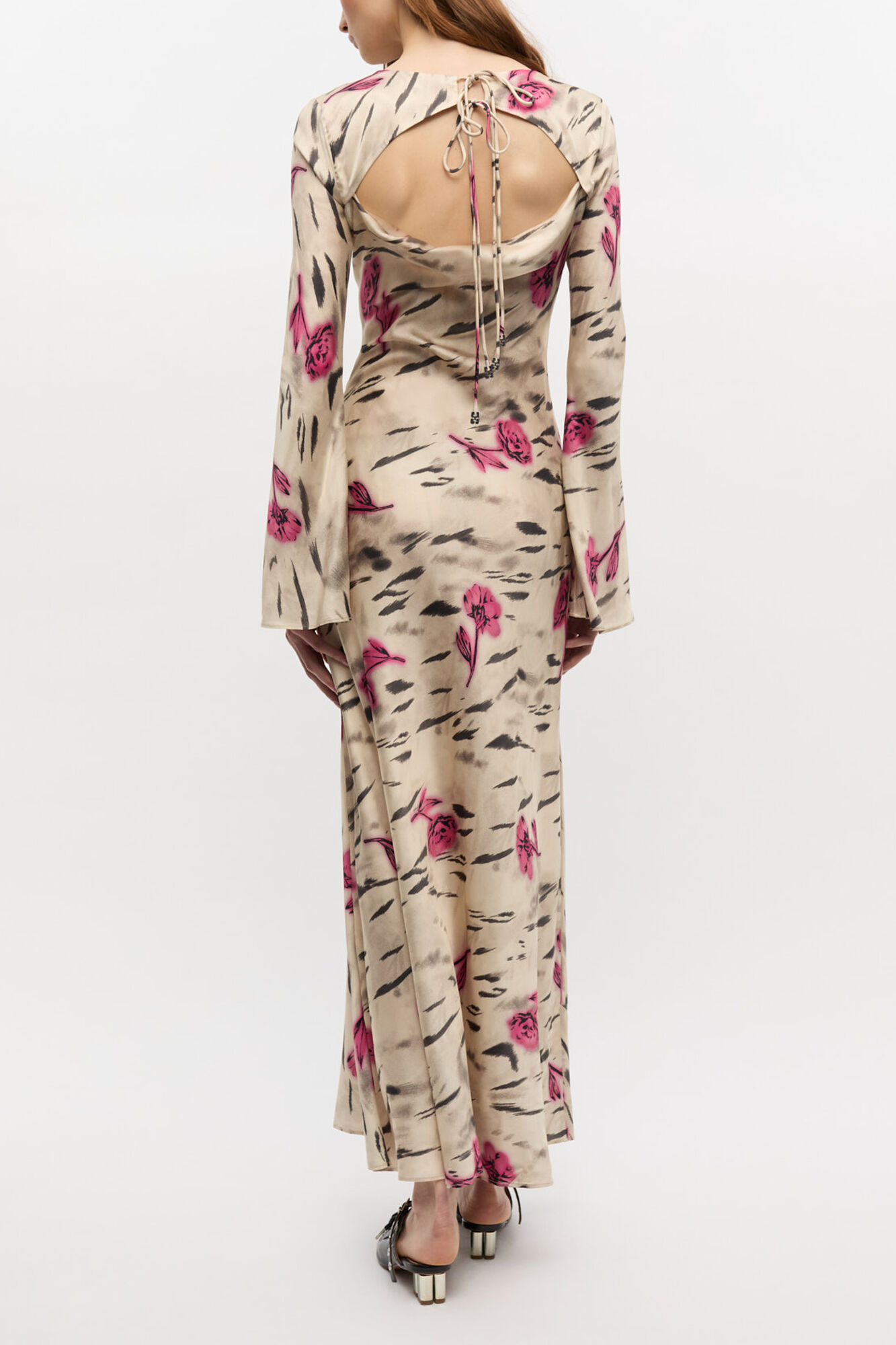 Floral Satin Maxi Dress, Viscose, in colour Egret - 2 - GANNI