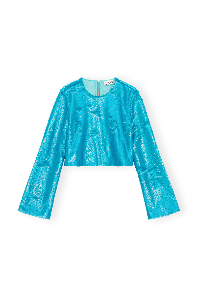 Blaue Paillettenbluse, Recycled Polyester, in colour Blue Curacao - 1 - GANNI