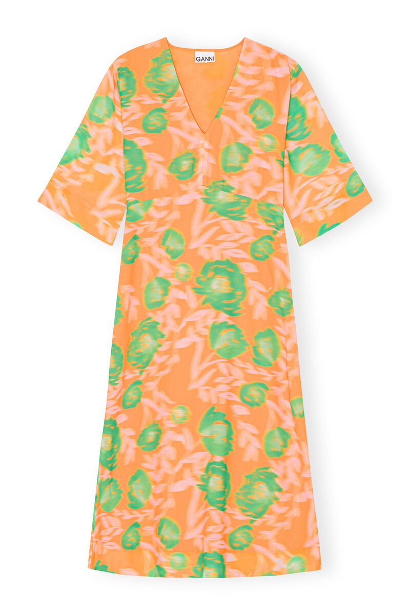 Printed Crepe V-neck Dress, Recycled Polyester, in colour Vibrant Orange - 1 - GANNI