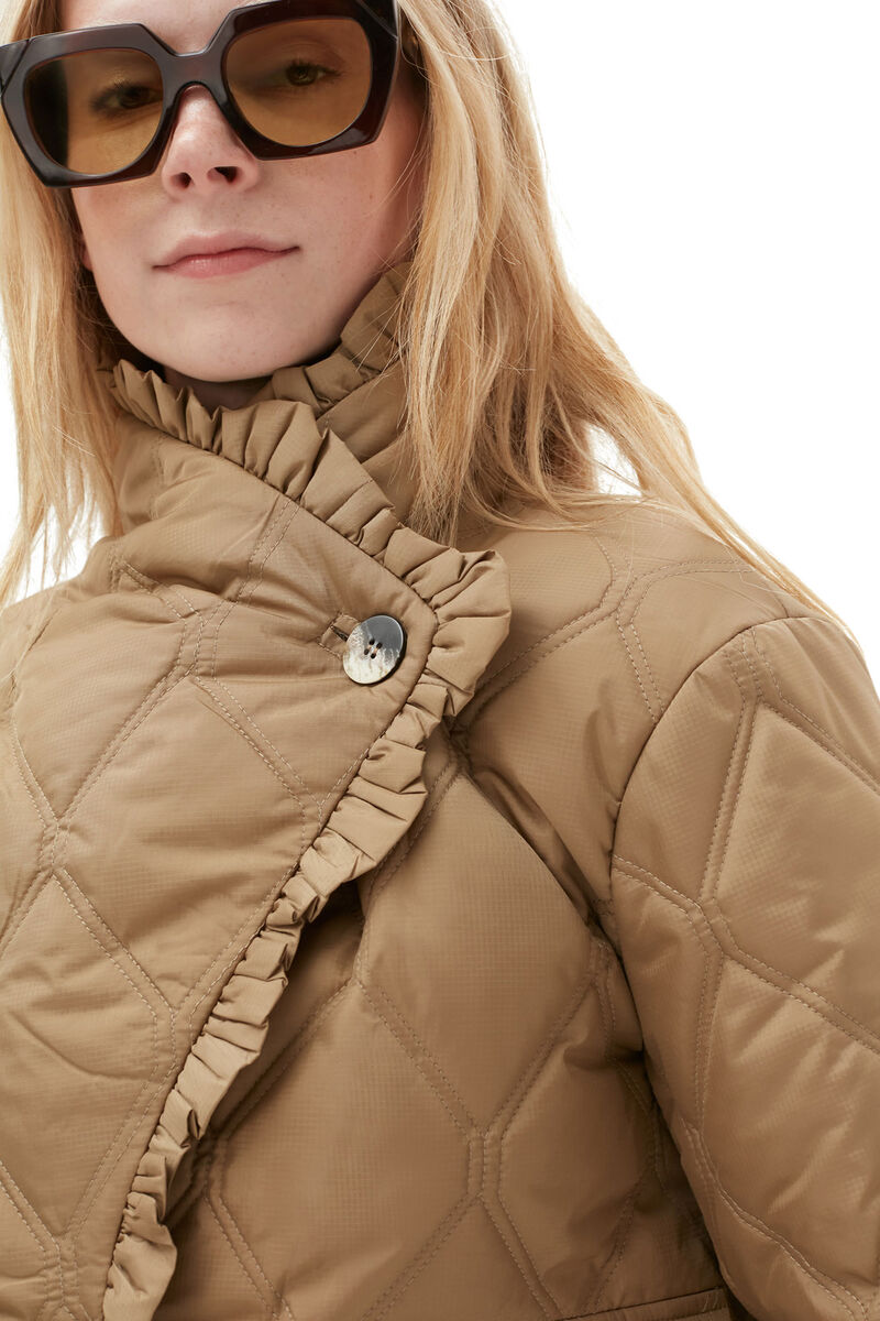Ripstop Quilt Frill Edge Jacket, Recycled Polyester, in colour Petrified Oak - 4 - GANNI