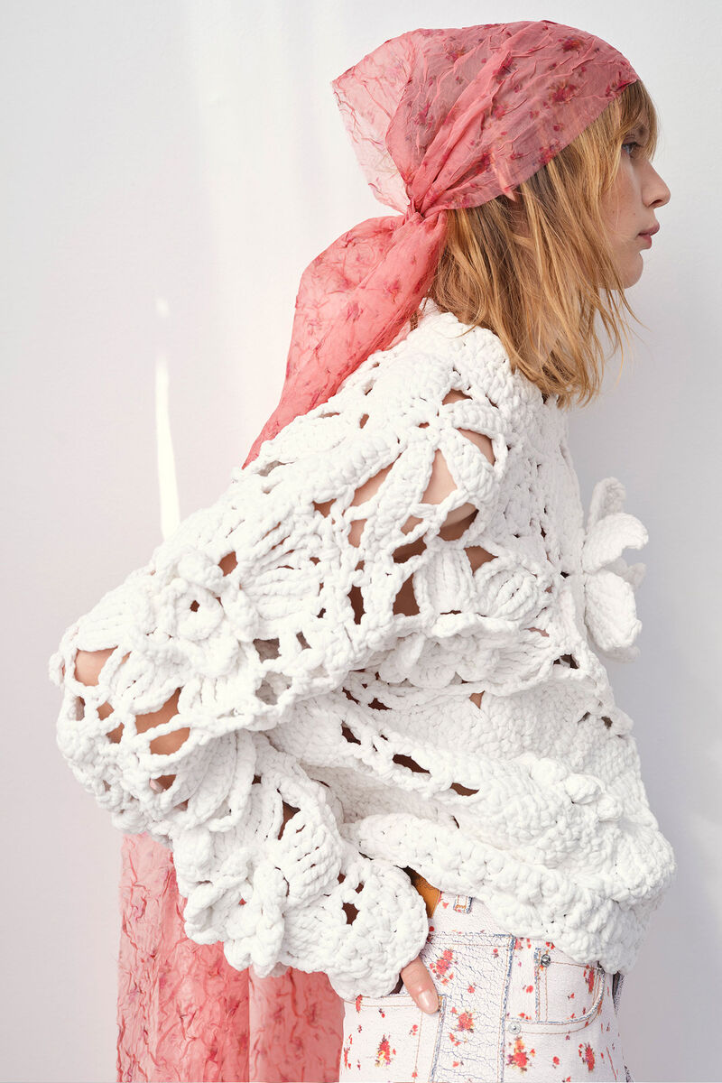 Hand Crochet Crewneck in White, Organic Cotton, in colour Bright White - 2 - GANNI