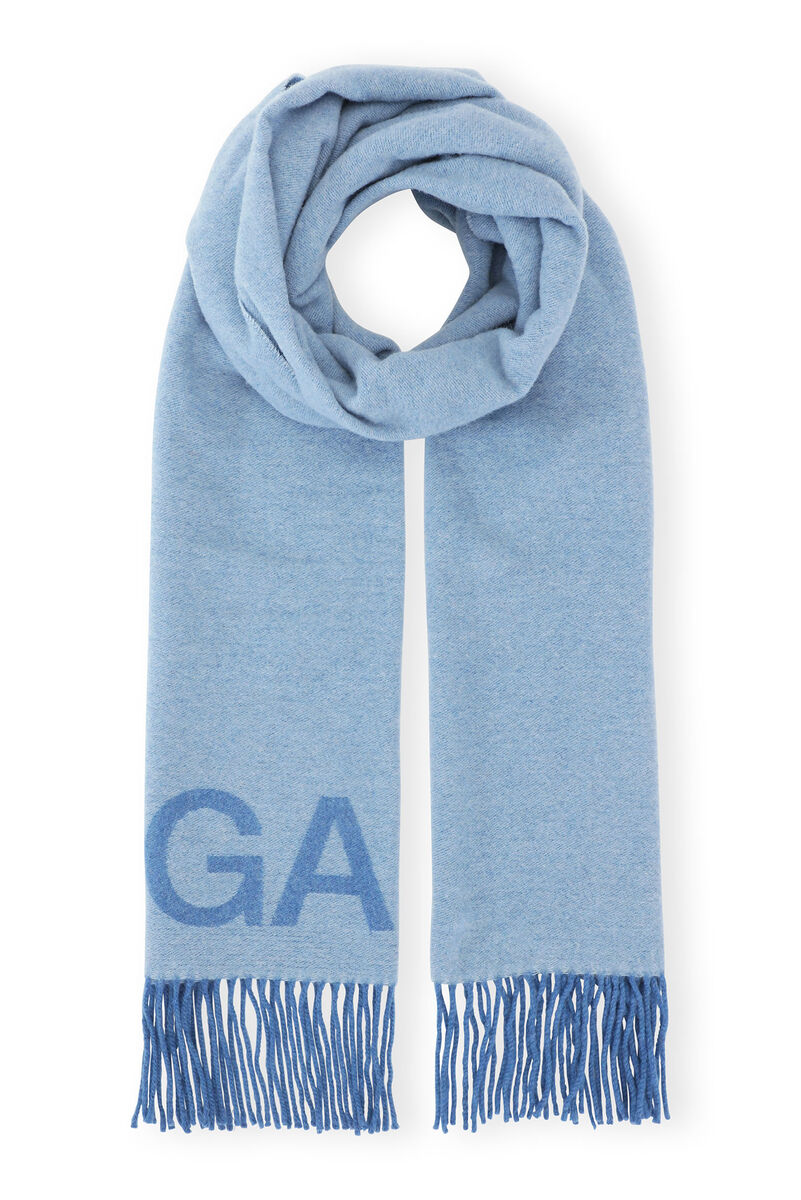 Light Blue Wool Fringed Scarf, Recycled Wool, in colour Light Blue Vintage - 1 - GANNI