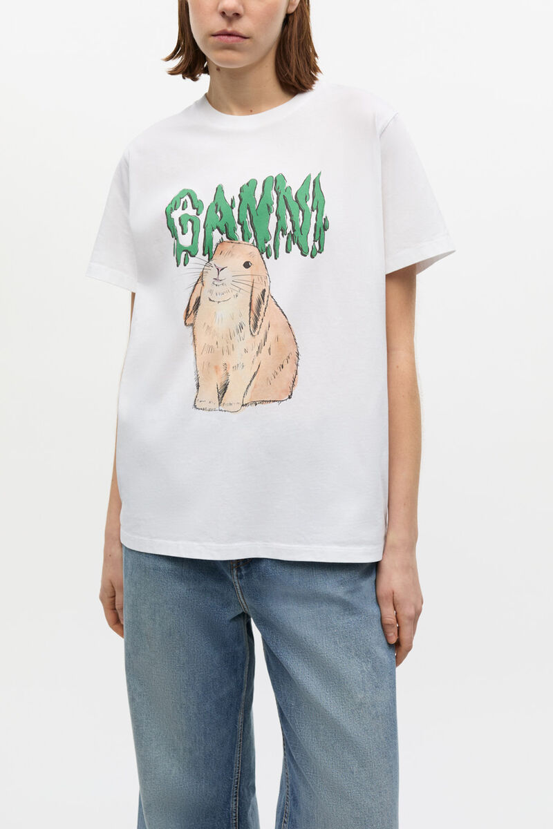 White Graphic Bunny Jersey T-shirt, Cotton, in colour Bright White - 5 - GANNI