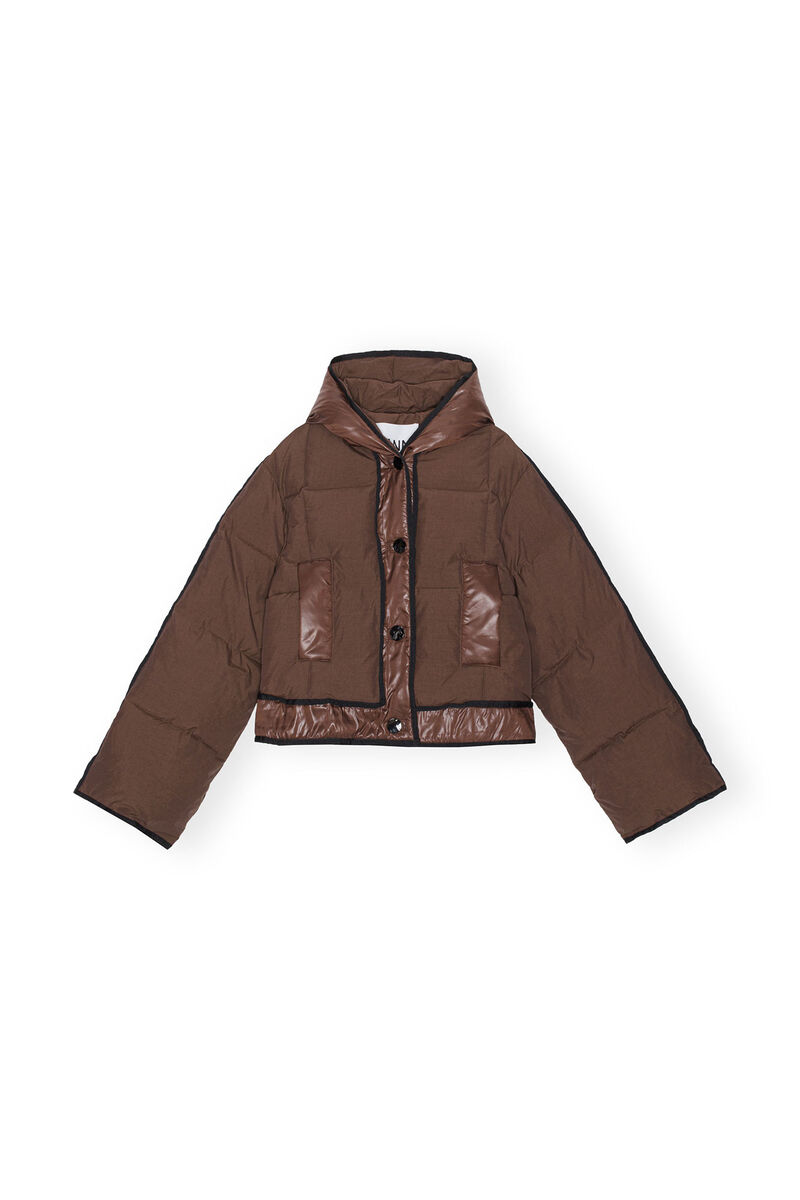 Brown Short Hooded Puffer Jacket, LENZING™ ECOVERO™, in colour Shaved Chocolate - 1 - GANNI