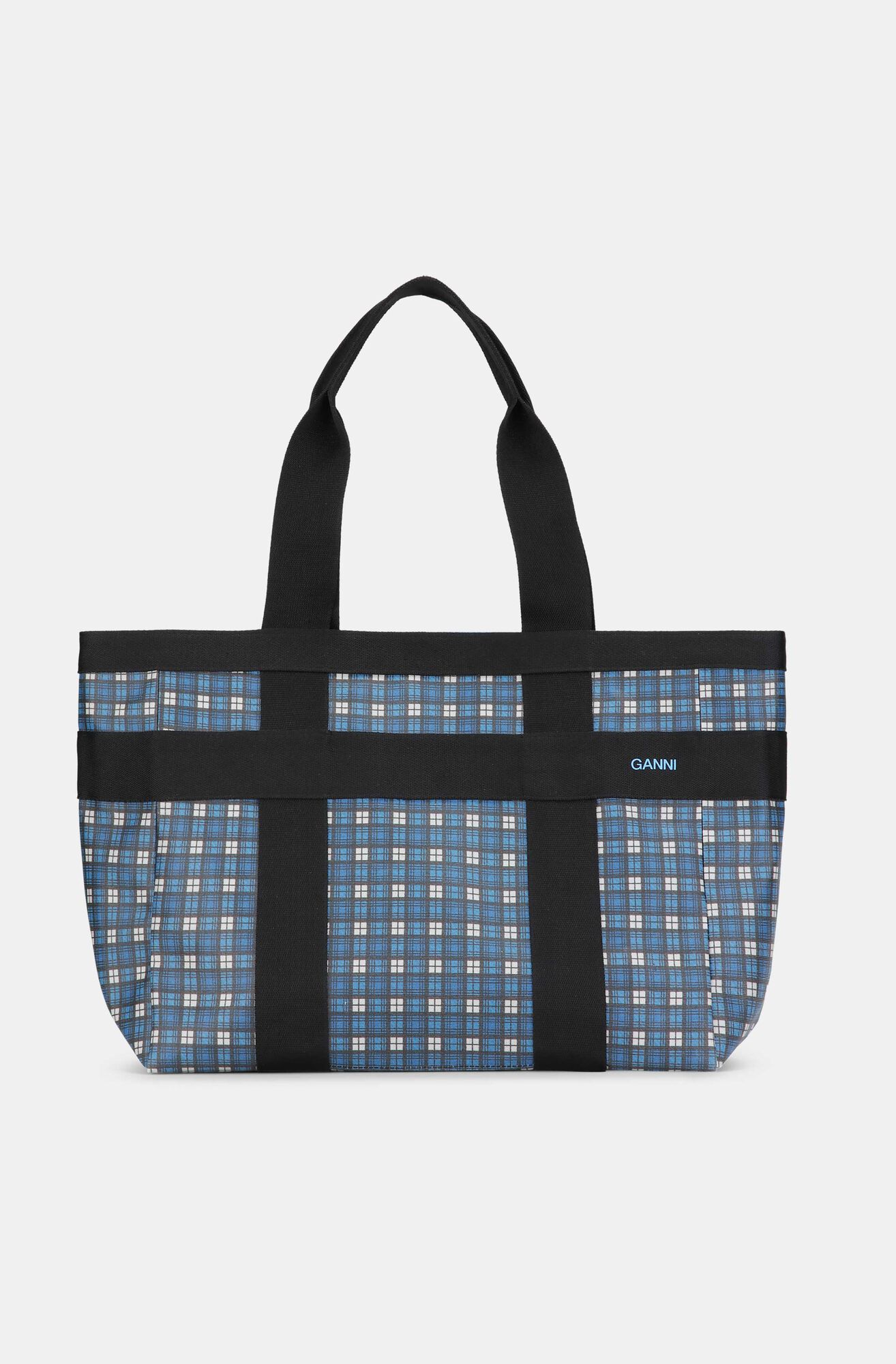 East West Canvas Tote Bag, Cotton, in colour Check Azure Blue - 1 - GANNI