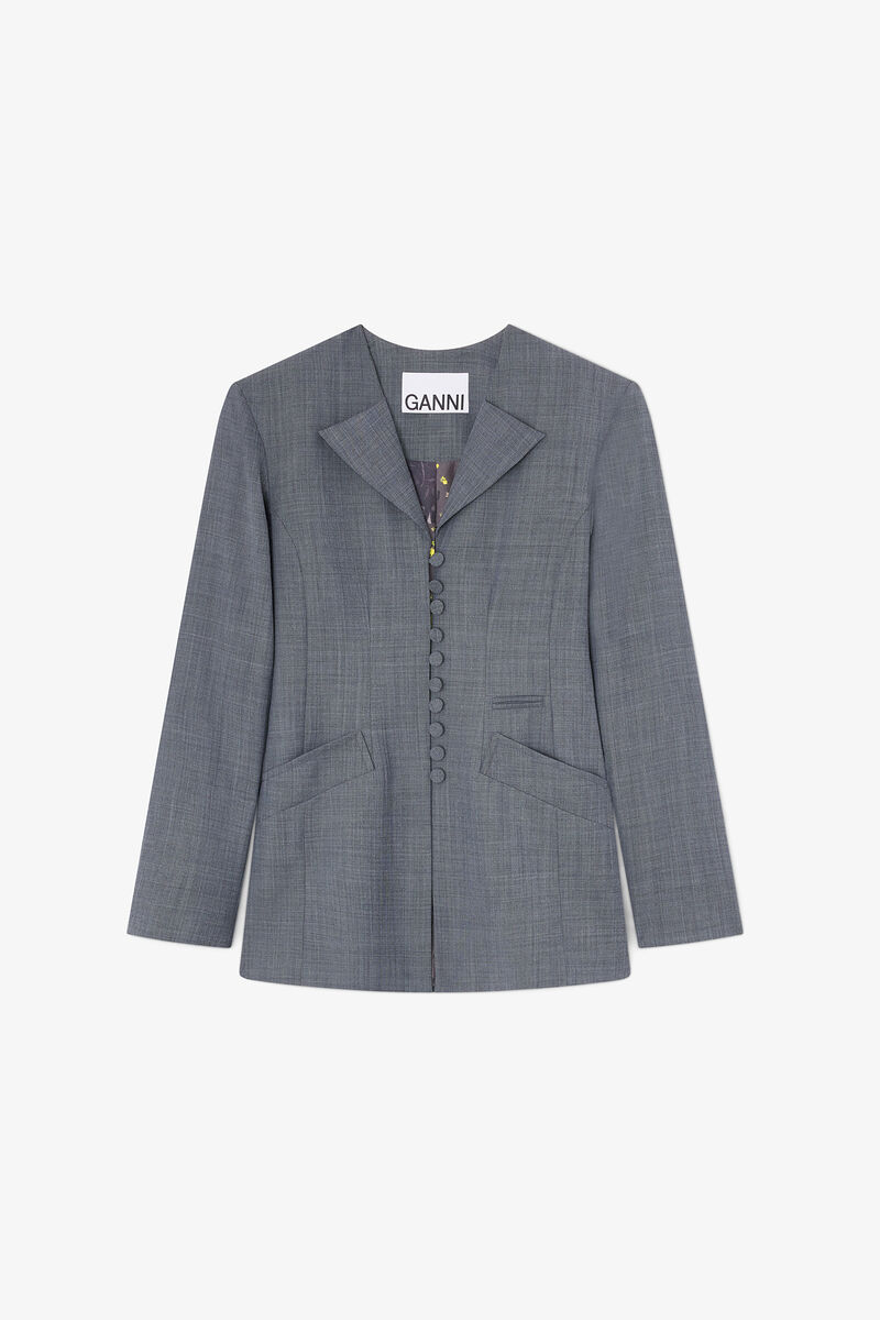 Blazer in Grey Wool Melange, Wool, in colour Phantom - 1 - GANNI